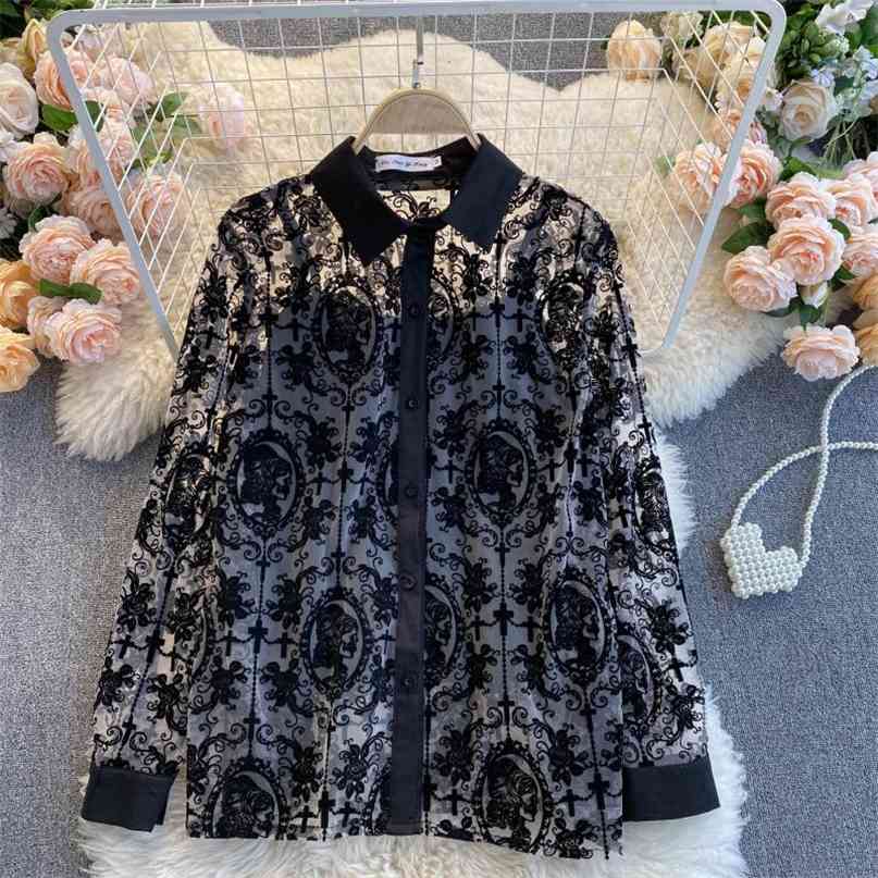 Vintage Style Mesh Lace Shirt Women Elegant Black Transparent Hollow Out Long Sleeve Sexy Casual Blouse With Camis 210603
Vintage Style Mesh Lace Shirt Women Elegant Black Transparent Hollow Out Long Sleeve Sexy Casual Blouse With Camis 210603