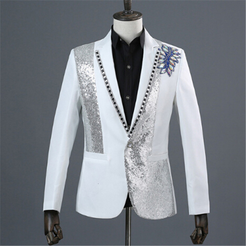 Black White Sequins Inlaid Crystal Stade Spectacle Sincipe Suit Jacket Mariage Messieur Mode Masculino Slim Fit 9lgp