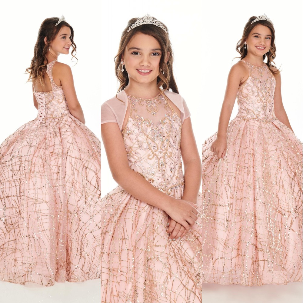 Cute Rose Gold Sequined Lace Girls Pageant Dresses Crystal Beaded Blush Pink Kids Prom Dress Birthday Party Gowns For Little Girl With Jacket 403