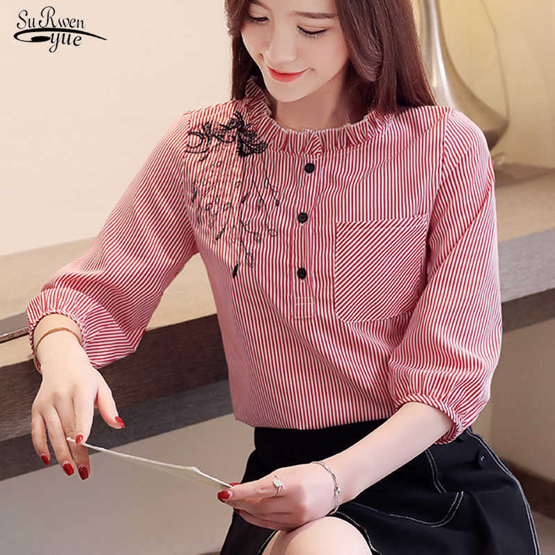 Spring Blusas Mujer Women Blouses Embroidered Striped Shirts 3/4 Sleeves Chiffon Shirts Pocket Button Womens Clothing 210527, Blue
Spring Blusas Mujer Women Blouses Embroidered Striped Shirts 3/4 Sleeves Chiffon Shirts Pocket Button Womens Clothing 210527, Blue