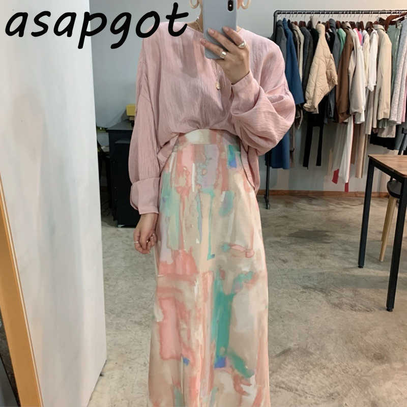 Gentle O Neck Thin Pleated Puff Long Sleeve Blouse Autumn Slim High Waist Color Graffiti Skirt Fashion Retro Office Lady 210708