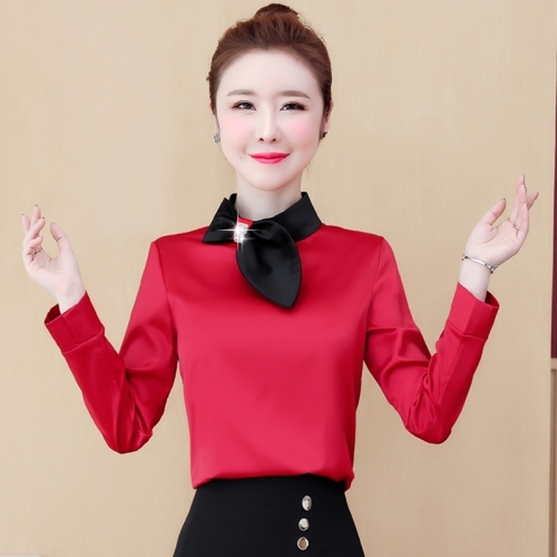 Spring New Women Simulation Silk Long Sleeve Chiffon Blouse Elegant Satin Bow Metal Buckled Temperament Women Shirt Blusas 8109 210225