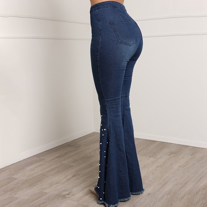 Beaded Denim flare jeans Women high waist elastic skinny jeans Wide Leg Trousers ladies Casual bell bottom jeans Pants plus size 210222