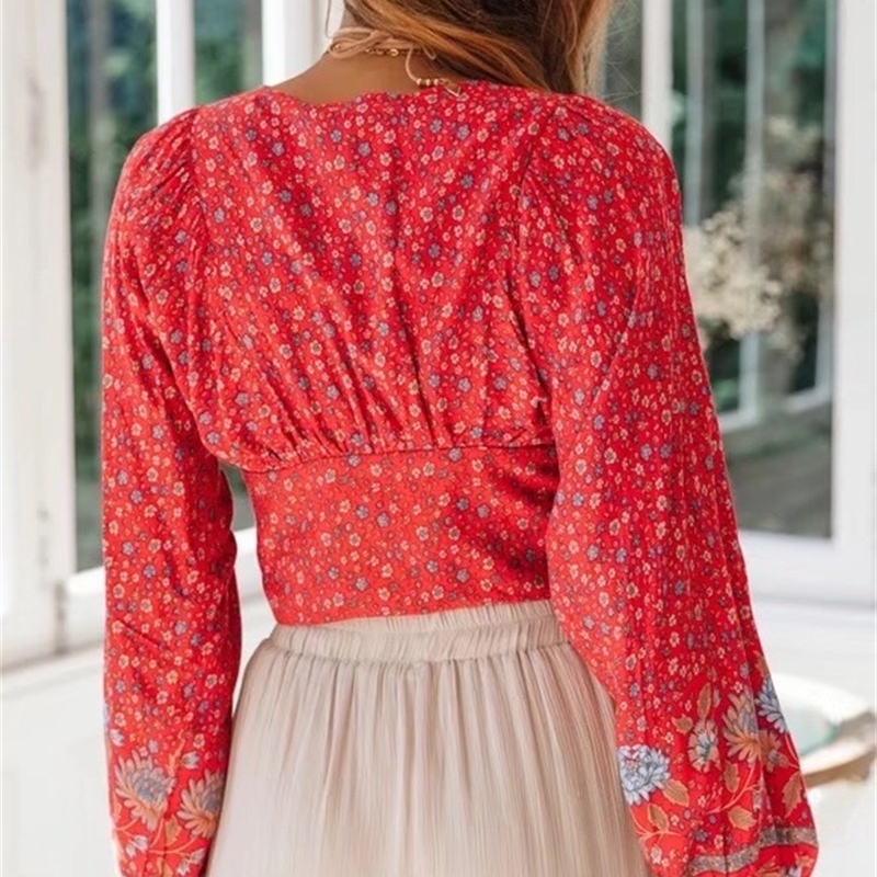 New Women Bohemia Sun Flower Print Kimono Shirt Loose Long Sleeve V-Neck Lacing Up Tie Bow Cardigan Blouse Femme Blusas 210225