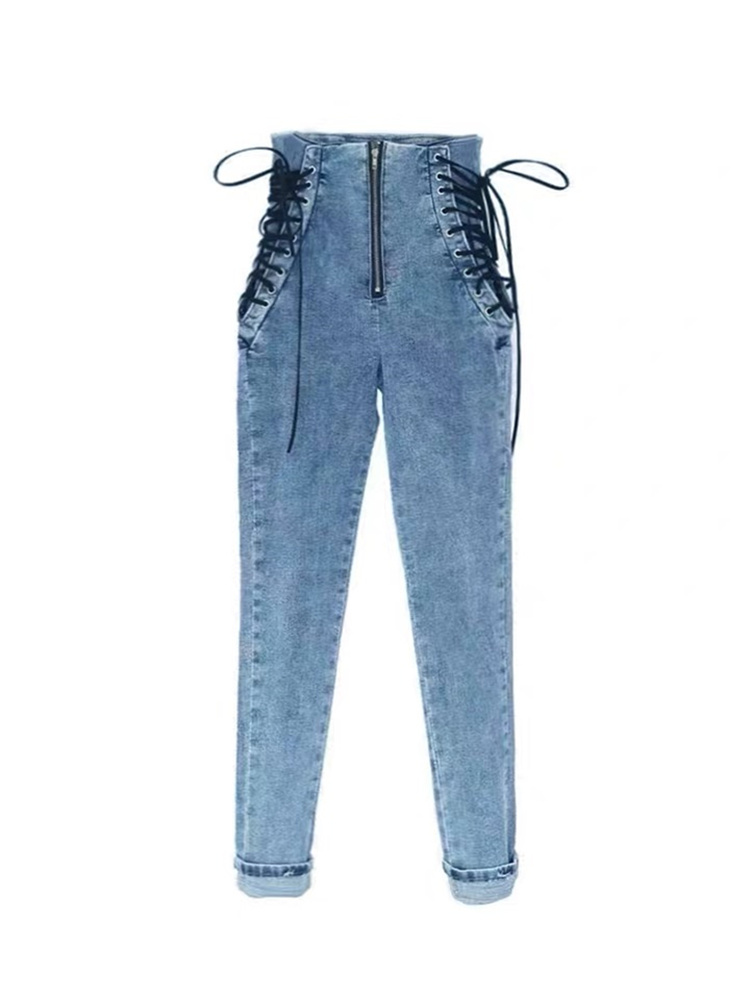 High waist skinny jeans medium street fashion slim leggings women sexy elastic side cross tie blue black pencil pants 210222