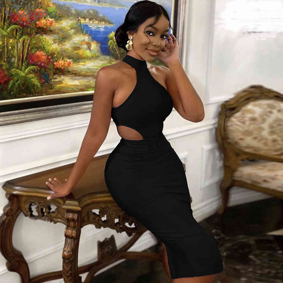 Summer White Halter Bodycon Bandage Club Women Sexy Hollow Out Sleeveless Night Runway Party Dress Vestidos 210525