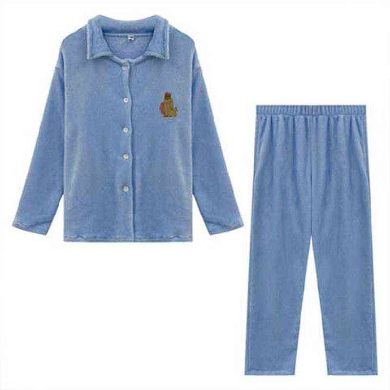 QWEEK Women Pajamas Bedroom Set Solid Color Embroidered Flannel Pijamas Korean Loose Comfortable Turn Down Collar Pyjamas Cute 211118