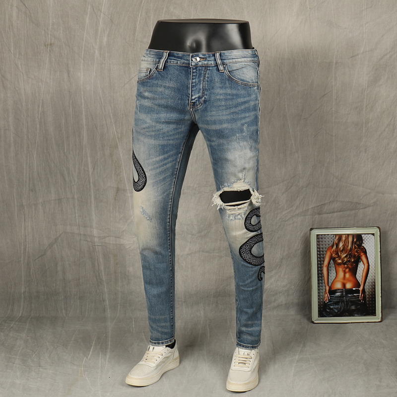 2021 New American Streetwear Fashion Men Jeans Elastic Slim Fit Ripped Denim Punk Pants Embroidery Designer Retro Blue Hip Hop Trousers Db04, Retro blue 8097 
2021 New American Streetwear Fashion Men Jeans Elastic Slim Fit Ripped Denim Punk Pants Embroidery Designer Retro Blue Hip Hop Trousers Db04, Retro blue 8097