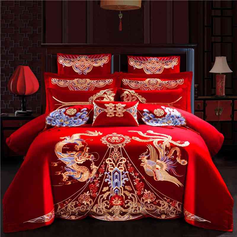 Wedding four piece 100 thread count cotton air jet embroidery set big red bed sheet quilt cover bedding, Taupe
Wedding four piece 100 thread count cotton air jet embroidery set big red bed sheet quilt cover bedding, Taupe