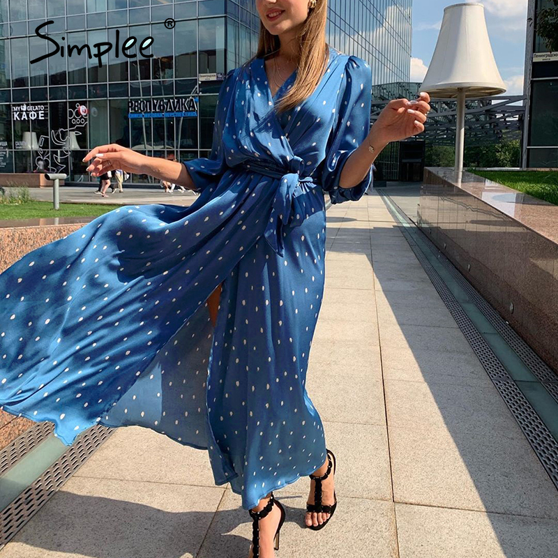 Simplee Polka dot women wrap dress Elegant puff sleeve a line v neck sash party dress Wrap work wear streetwear retro maxi dress 210309