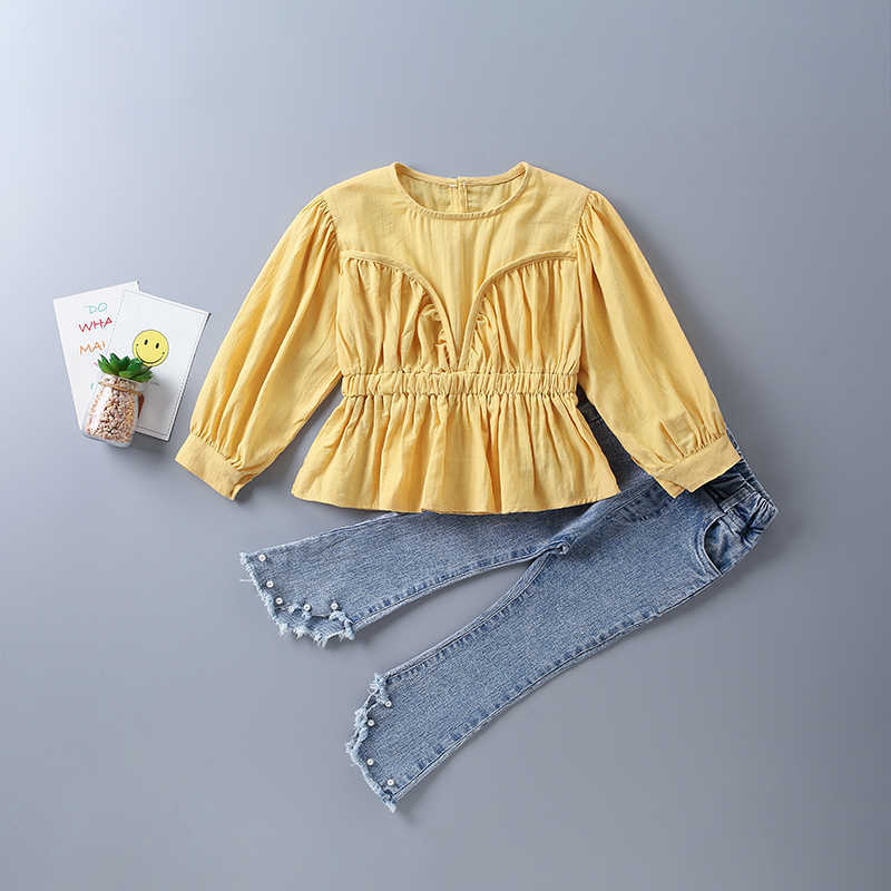 2-7 years high quality girl clothing set autumn casual tiered ruched solid shirt + pearl denim pant kid children clothi 210615