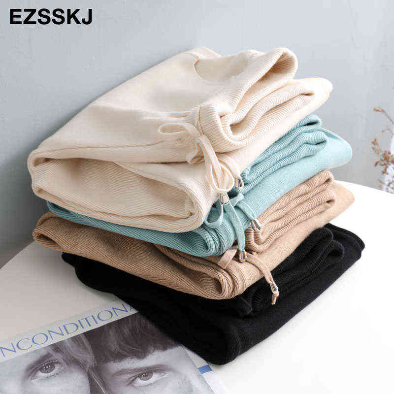 loose Women Elastic Waist Drawstring Trousers Thick Knitted Harem Pants Autumn Winter Sport pants sweater Carrot 211115