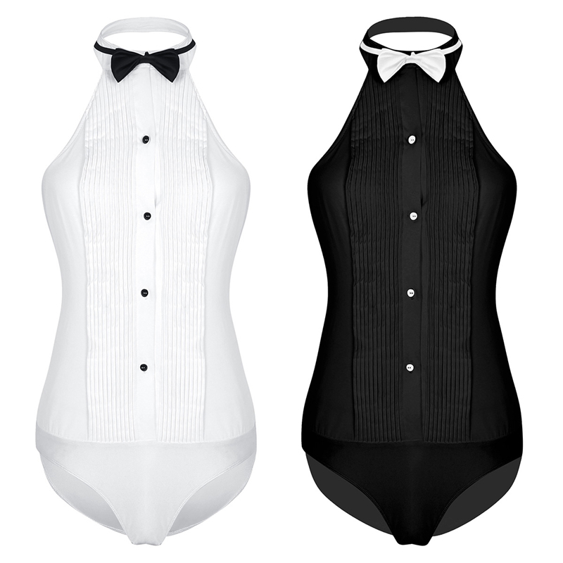 Womens One-piece Body Shirt Sleeveless Haltered Wing Tip Collar Backless Tuxedo Shirt Bodysuit with Bow Tie Work Wear Bodysuits Y200904
