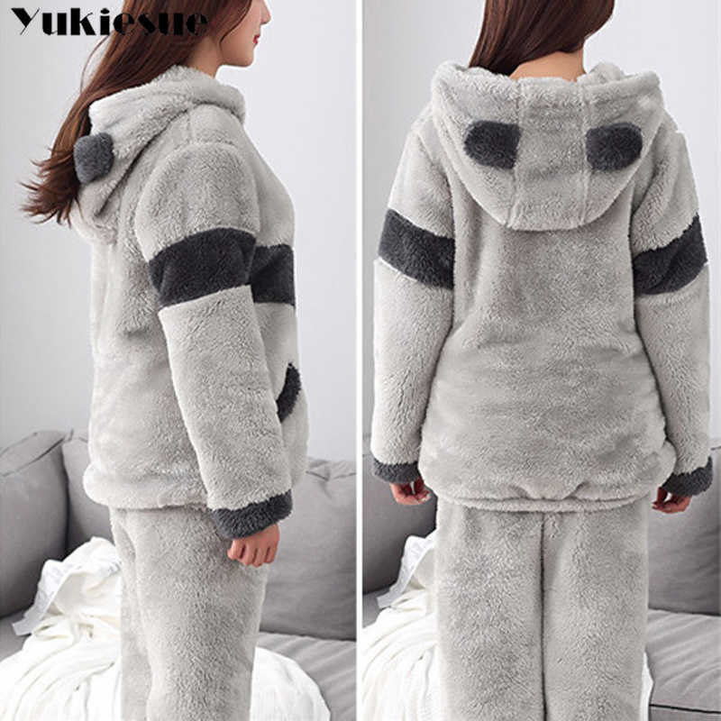 Autumn Winter Women Pyjamas Sets pajamas Sleepwear Suit Thick Warm Coral Flannel nightgown Female Cartoon Animal Pijama Mujer 210608