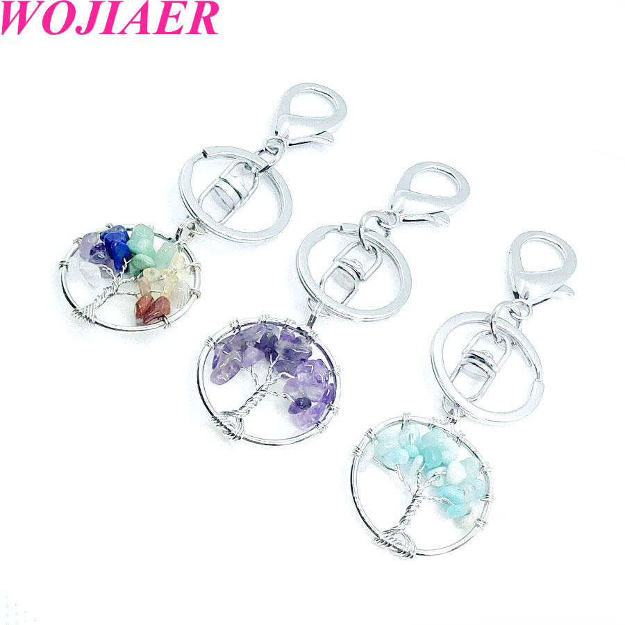 WOJIAER Natural Stone Clear Crystal Keychains Ring Key Handmade Holder Round Tree of Life for Women Car Bags Accessories BW911