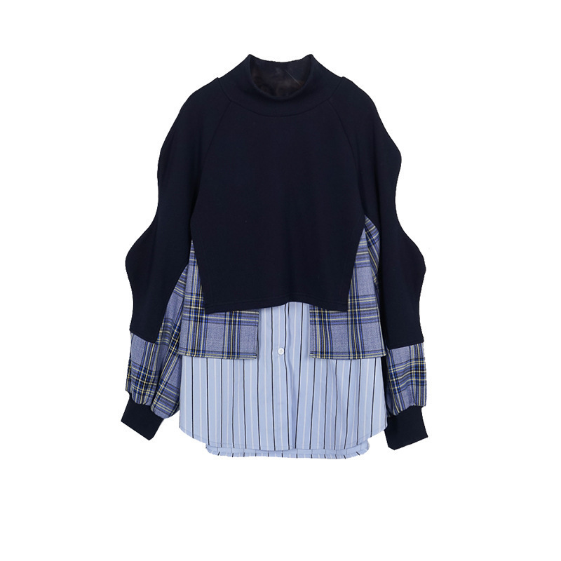 LANMREM new navy blue plaid patchwork stand collar casual loose Korean style sweatershirt autumn fashion tide for women 2A1236 201102