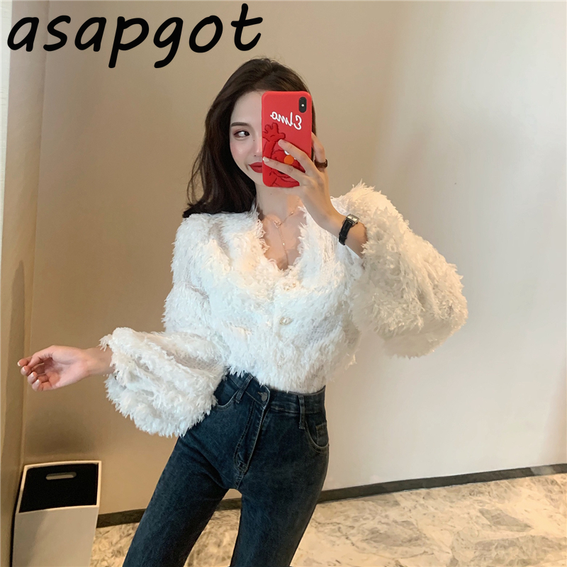 Asapgot Fashion Chic Korea Plush V-neck Tassel Sweaters Coat Autumn Winter New Thick Wild Pink Long-sleeved Cardigan Top Sweet 210218