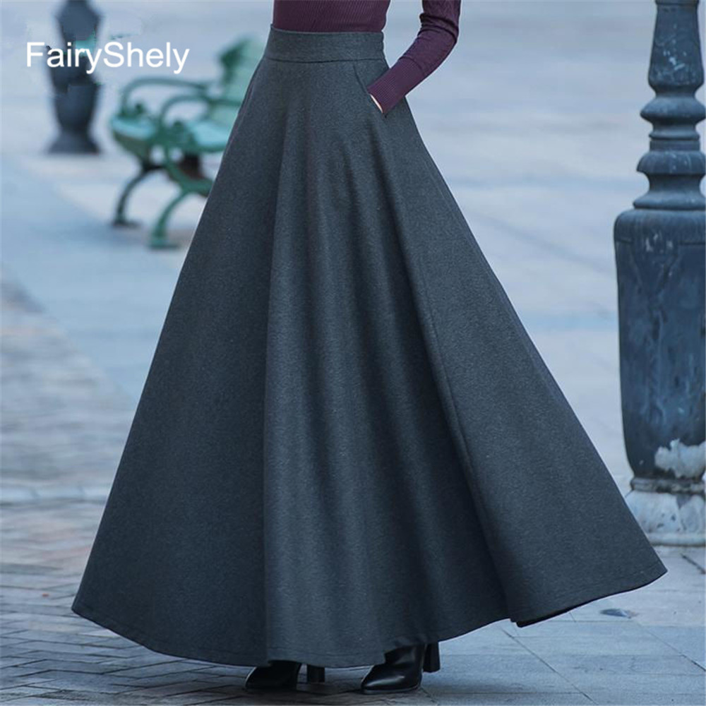 FairyShely Autumn Winter Retro High Waist Pleated Skirt Women Casual Pocket Woolen Maxi Skirt female Flare Red Long skirt 210306
