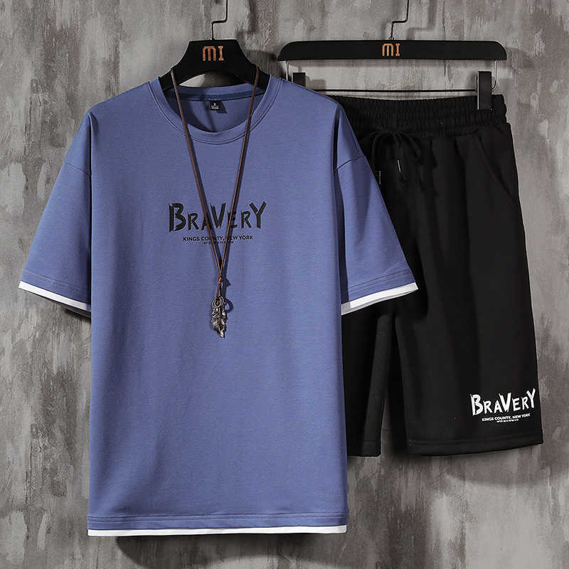 Casual Men's Sets Summer Tracksuit Mens Print Short Sleeve T-shirt 2 Piece+Shorts high Quality Short Set Fashion Sportswear 5XL 210603