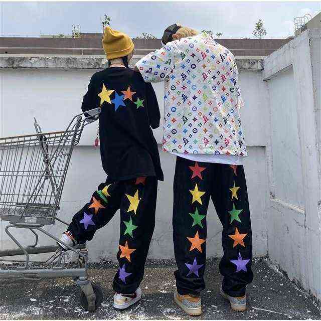 Fashion Streetwear Men Baggy Jeans Hip Hop Black Star Alphabet Graffiti Loose Casual Wide Leg Pants Woman Denim Trousers 211111