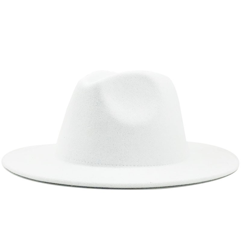 Simple Outer white Inner Sky blue Wool Felt Jazz Fedora Hats with Thin Belt Buckle Men Women Wide Brim Panama Trilby Cap