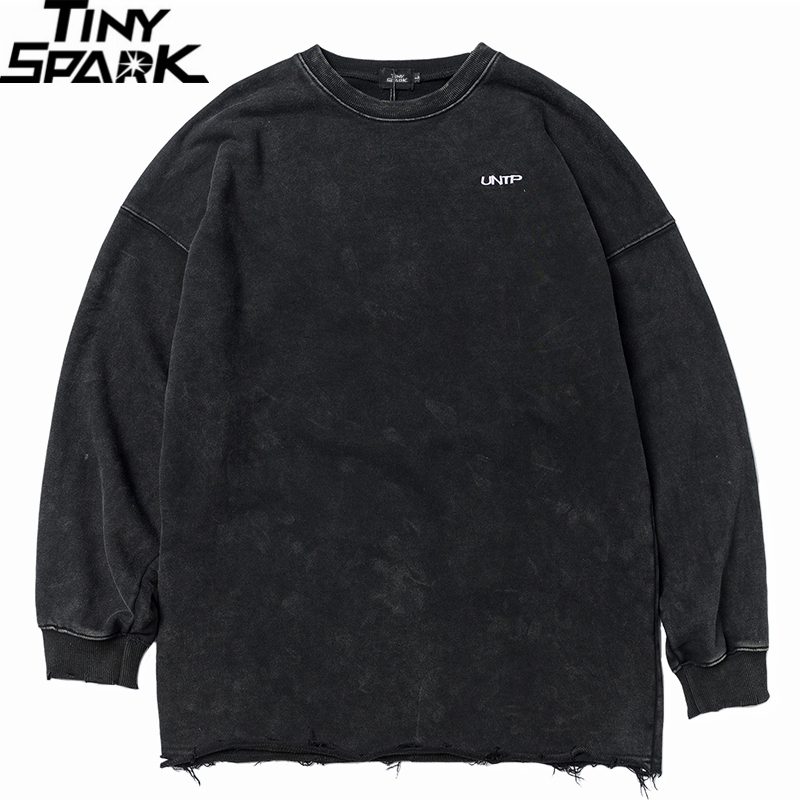 Streewear Skull Retro Washed Sweatshirt Pullover Mens Hip Hop Sweatshirt Ripped Holes Harajuku Pullover Cotton Black HipHop 201128