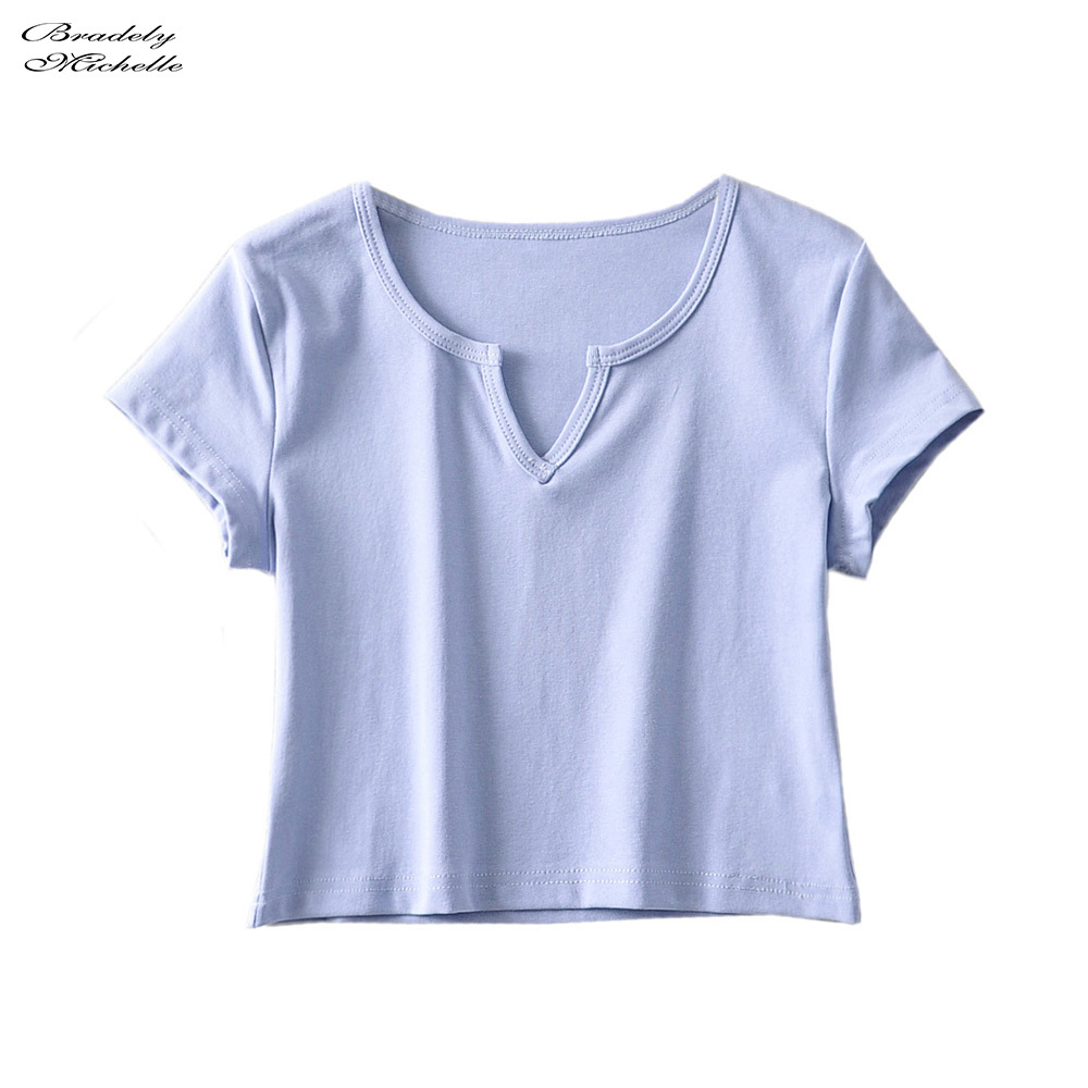 Bradely Michelle Summer women casual basic crop top high-quality Elastic solid cotton short sleeve v-neck harajuku t shirt 210306