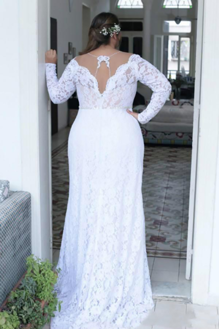 2021 Cheap Plus Size Deep V Neck Sheath Vintage Long Sleeves Wedding Dresses Bridal Gowns Sweep Train Spring Summer Wear Gown 0509