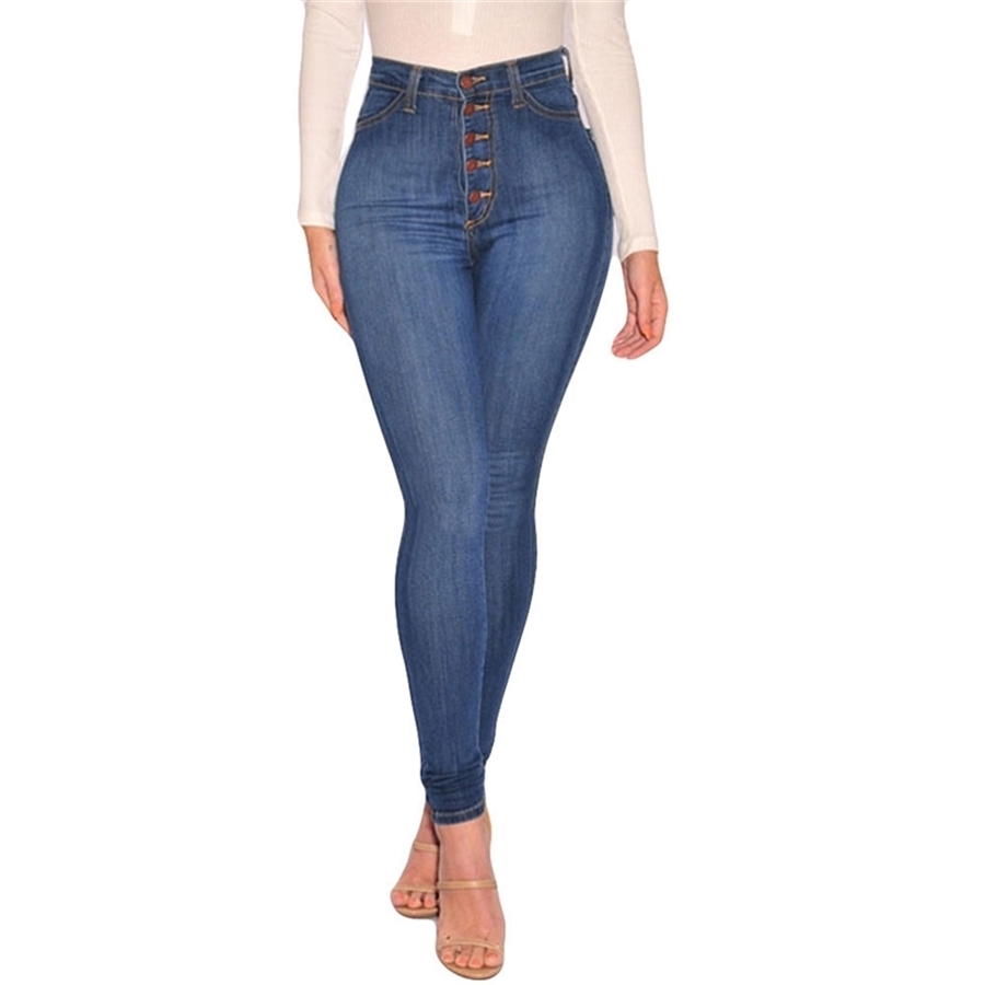 High Waist Women Jeans Buttons Female Pant Slim Elastic Plus Size Stretch Jeans Plus Size Denim Blue Skinny Pencil Pant #YL10 201109