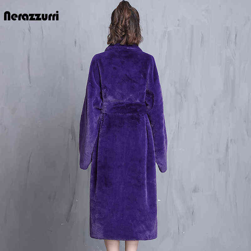Nerazzurri Winter Oversized Purple Warm Fluffy Soft Faux Fur Coat Women long Sleeve Belt Runway Loose Casual Korean Fashion 211123