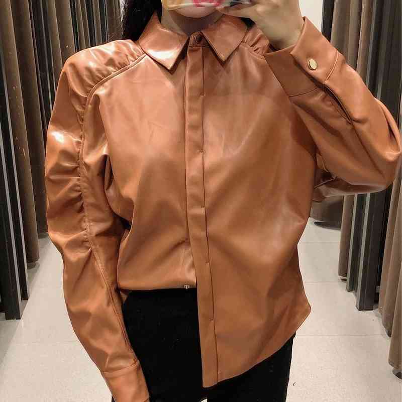 Women Pu Leather Shirt Autumn Fashion Brown Color Modern Lady Casual Top 210602