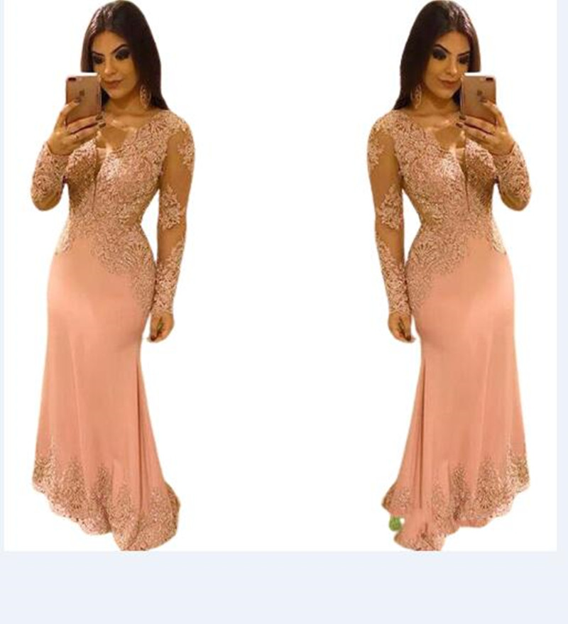 Pink Evening Woman Wear Sexy V Neck Lace Appliques Crystal Beads Mermaid Long Sleeves Formal Party Dress Prom Gowns