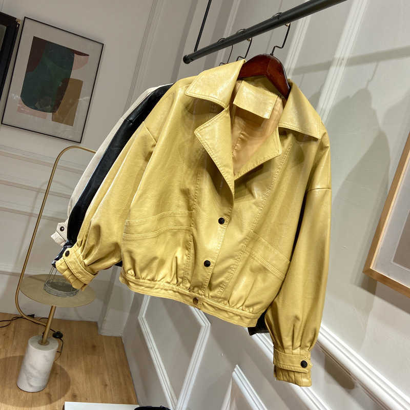 LY VAREY LIN Autumn Women Faux Leather Jacket Loose Style Vintage Batwing Sleeve Biker Coat Punk 210526