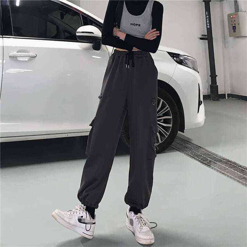 HOUZHOU Techwear Black Cargo Pants Women Hippie Streetwear Punk High Waist Korean Style Oversized Trousers Female Sweatpants 211112wtt