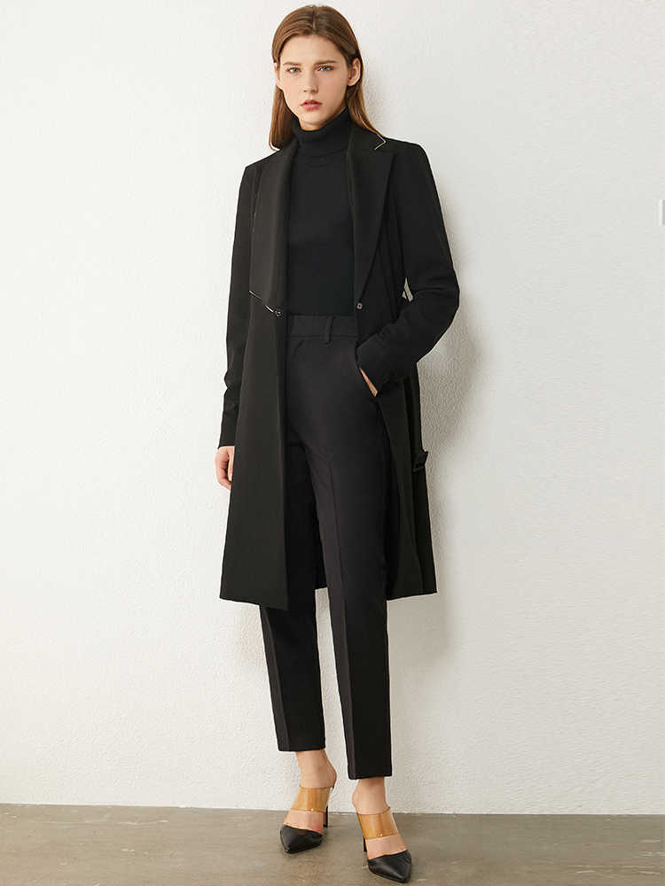 Minimalism Spring Autumn Women's Suit Coat Fashion Offical Lady Lapel Belt Knee-length Black Blazer Women 12070479 210527