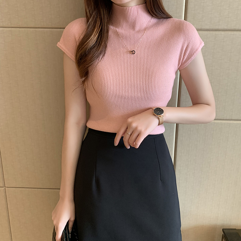 HELIAR Women Knitted T-shirts Turnelneck Tees Plain Tops Solid Knitted Short Sleeve Casual O-neck T-Shirts For Women Summer Tops 210302