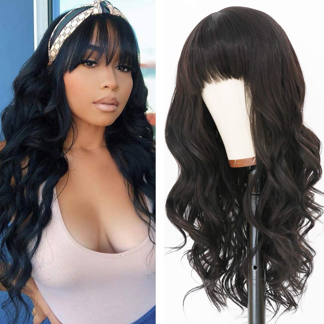 Womens Long Wave Hair Synthetic Wig wiht Bangs Fashion Wigs for Ladys Cosplay