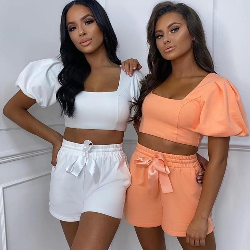Asia Womens Loungewear Set Square Collar Short Puff Sleeve Crop Top Shorts Two Piece Set Summer Solid Color Casual Outfits 210707