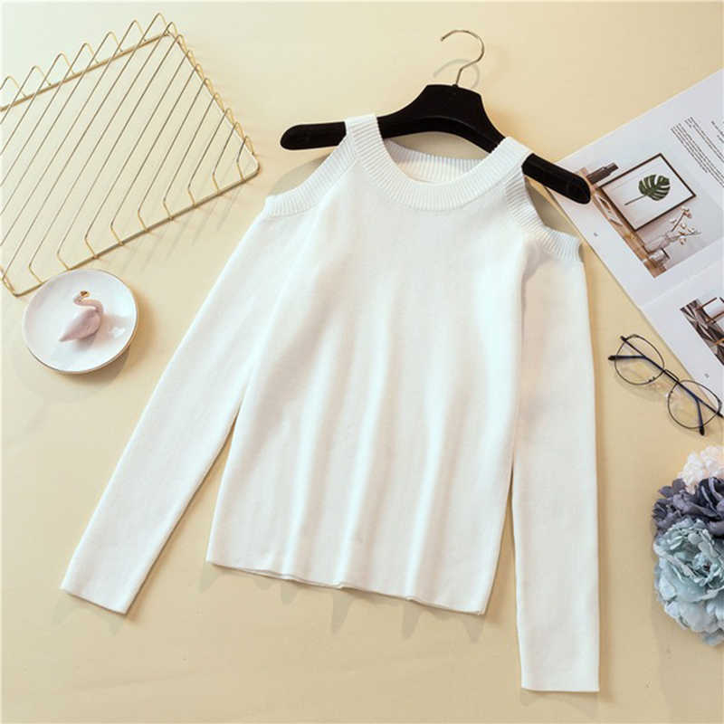 LJSXLS Sexy Off Shoulder Knitted Sweater Women Solid Slim Pullover White Black jumpers Autumn Winter Female Tops 211011Z
