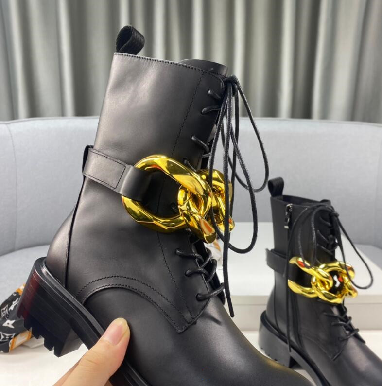 Fashion front lace-up low-heel short boots metal chain decoration round head size 38-40