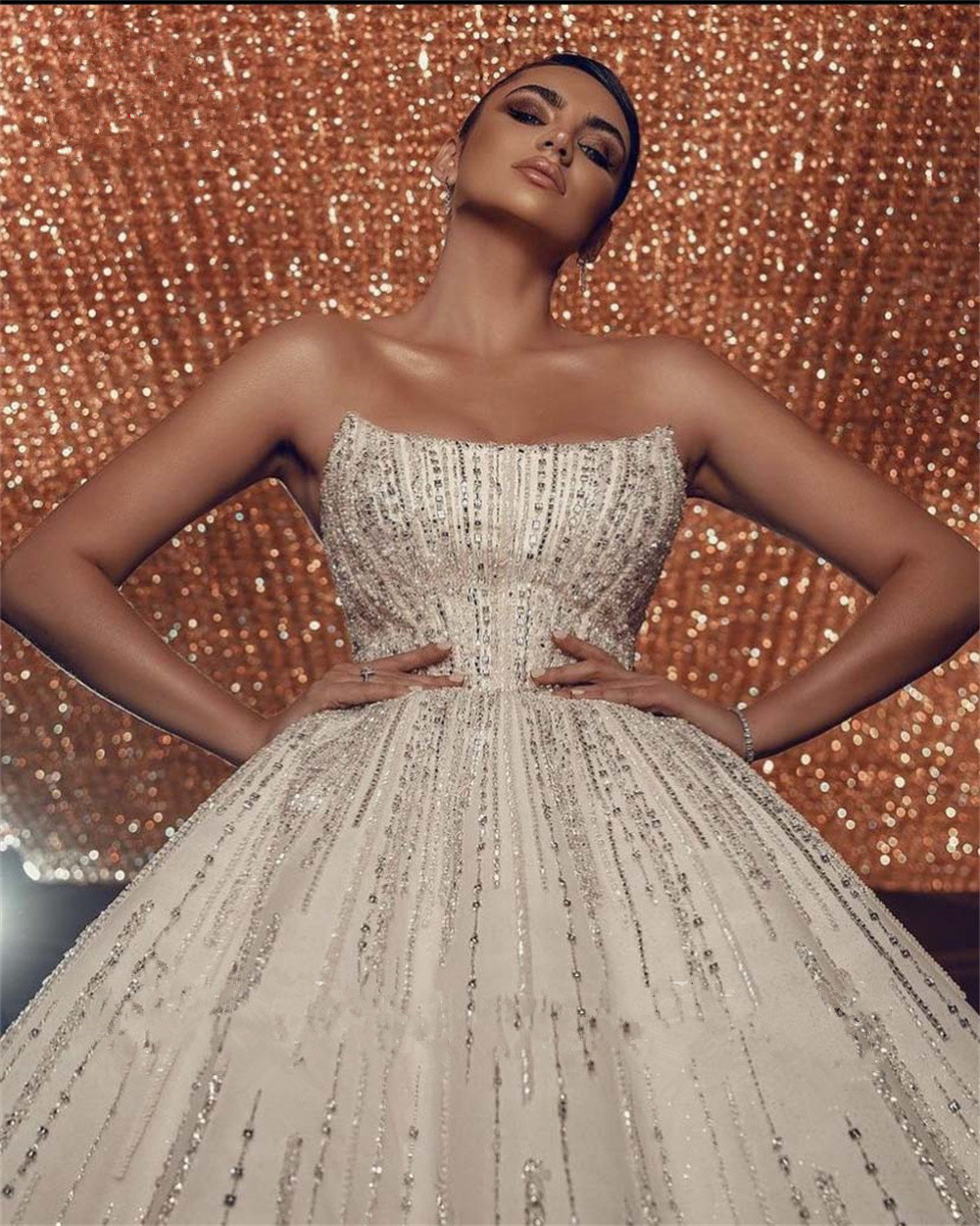 urious Beading Sequins Wedding Dresses Strapless Ball Gown or Length Custom Made Formal Bridal Dress Vestido De Novia