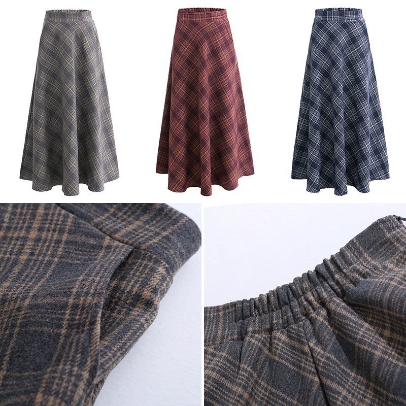Japanese Style Vintage Plaid Long Skirt For Women Streetwear Zipper Elastic High Waist Pocket Woolen Skirts Winter SK242 T200324