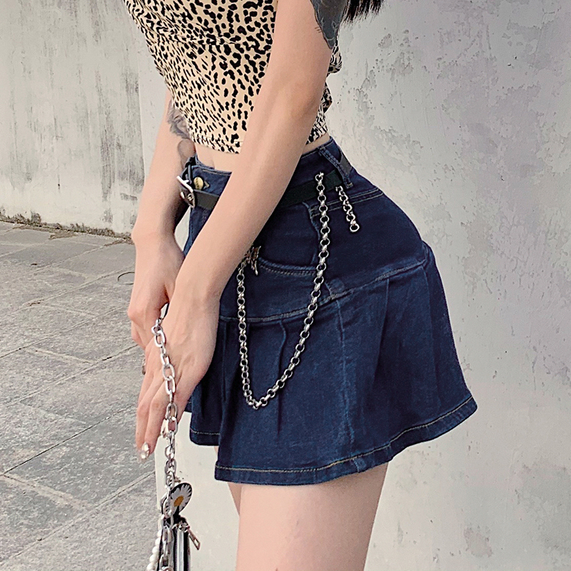SUCHCUTE women's a-line skirt gothic denim pleated skirt summer Y2K aesthetics streetwear vintage e girl 90s 210306