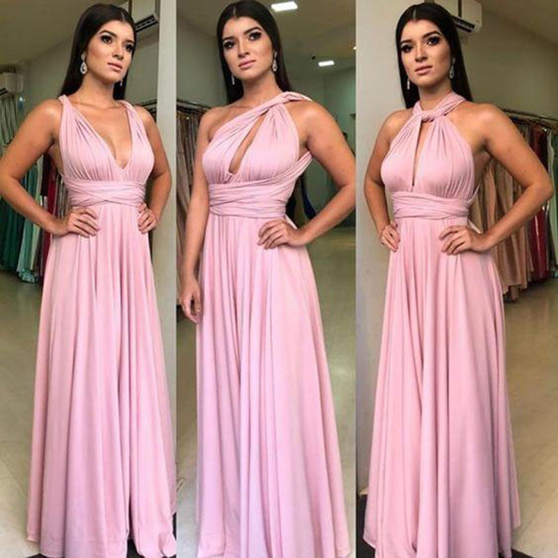 Pink A Line With Zipper Back Bridesmaid Dresses Convertible Spring Summer Garden Wedding Guest Maid of Honor Gowns Custom Made Plus Size