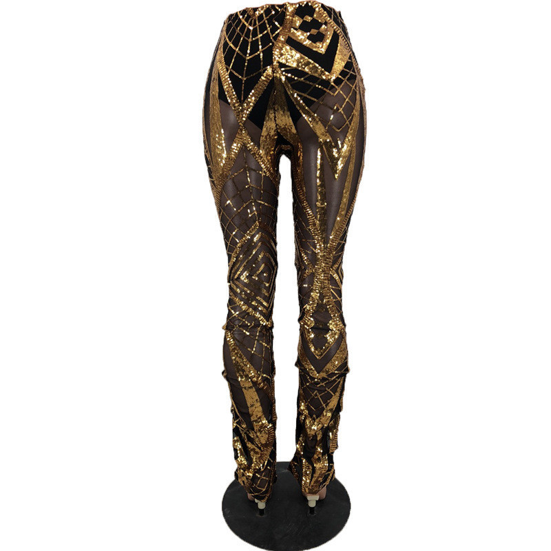 Adogirl Top Grade Sequins Sheer Mesh Pleated Trousers Women Sexy Pants with Panties High Wast Fashion Night Club Party Outfits T200606