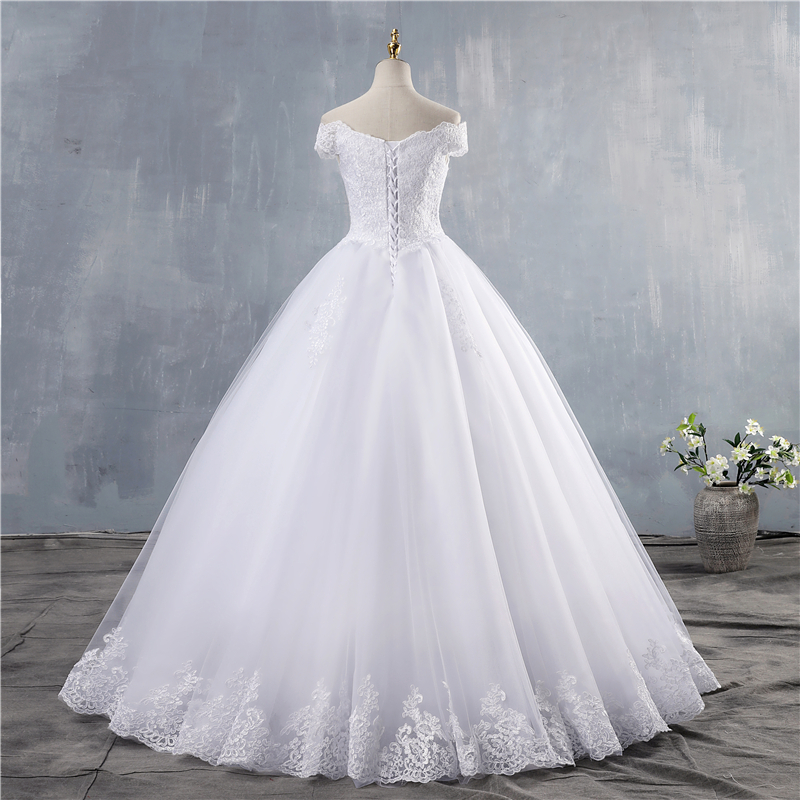 ZJ9143 2021 Ball Gown Off The Shoulder Wedding Dresses Short Sleeves Bridal Dress White Ivory Lace Appliques