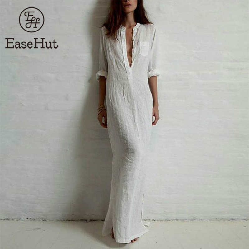 EaseHut Summer Dress Women Boho Solid Rolled Long Sleeve Button Shirt Sundress Elegant Loose Maxi Long Dress Plus Size 210630