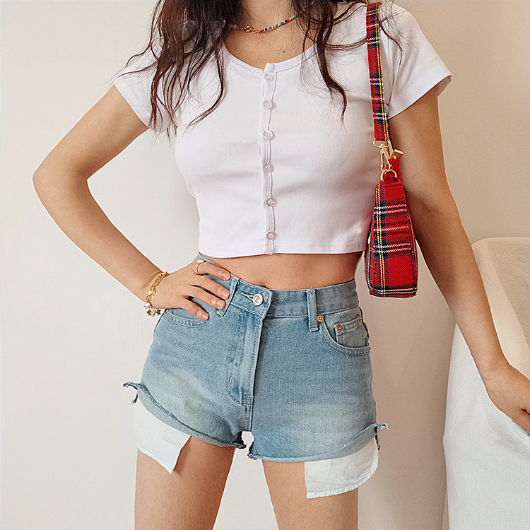 Women Scoop Neck Button Down Candy-colored Crop Tee 210306
