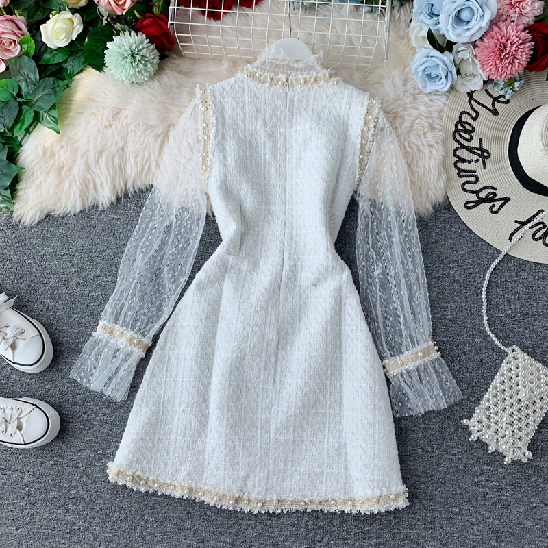 New design womens turtleneck gauze lace long sleeve shirt and v-neck beading tweed woolen a-line tank dress 2 pcs suit
