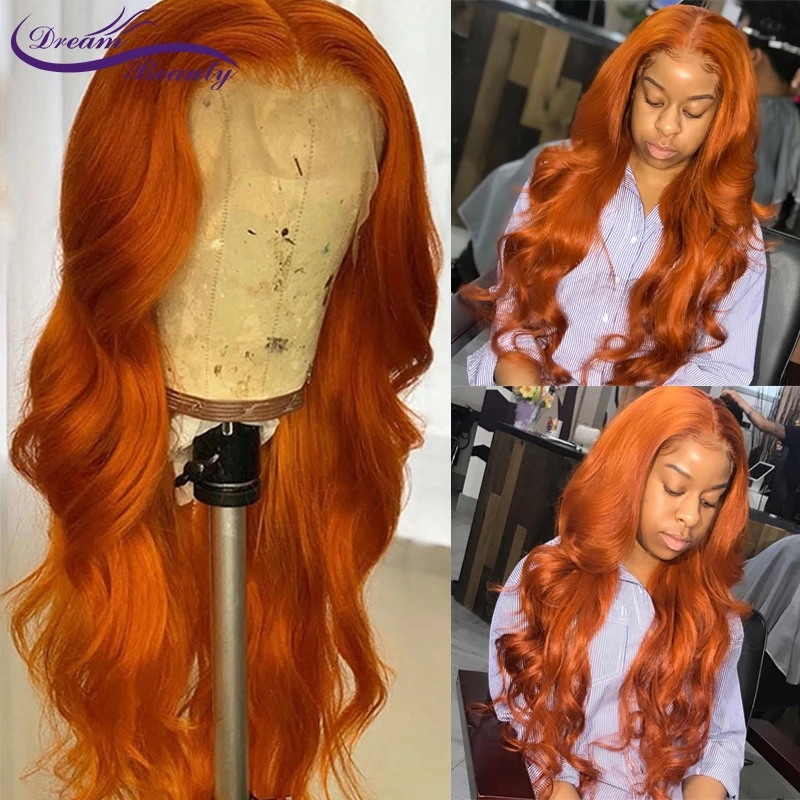 Orange Ginger Color 13x4 Wavy Human Hair Wigs 180% Density Long Straight Synthetic Lace Frontal Wig